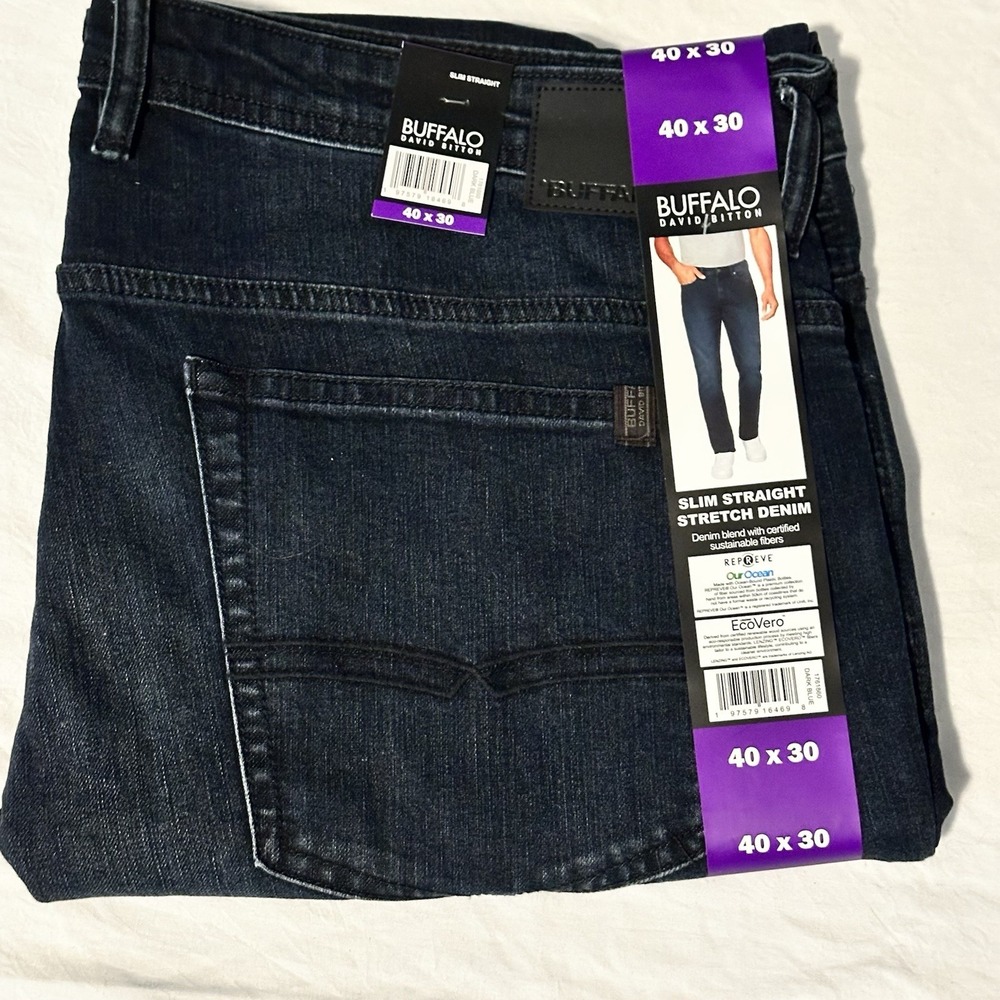 Buffalo David Bitton Slim Straight Stretch Denim Jeans Dark Blue 40x30 NEW